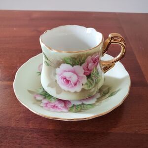 VINTAGE LEFTON GREEN‎ HERITAGE COFFEE CUP TEA CUP ROSES GOLD TRIM